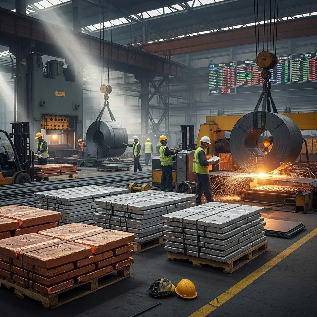 Dynamic scene of the global metal market showcasing copper, steel, and aluminum in an industrial setting
