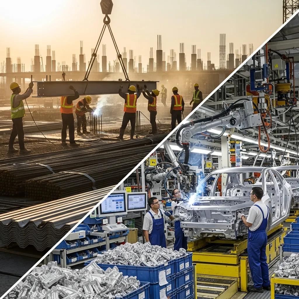 Construction and automotive industries showcasing the demand for metals like steel and aluminum